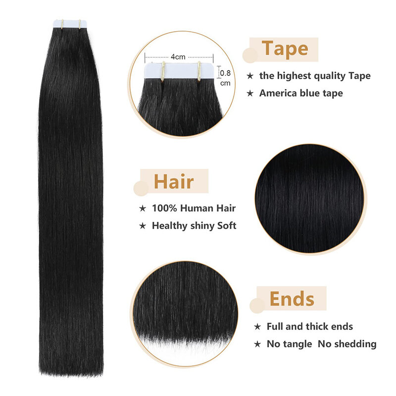 Лента для наращивания человеческих волос, настоящие человеческие волосы, лента для наращивания, прямые натуральные черные 100% натуральные бесшовные человеческие волосы