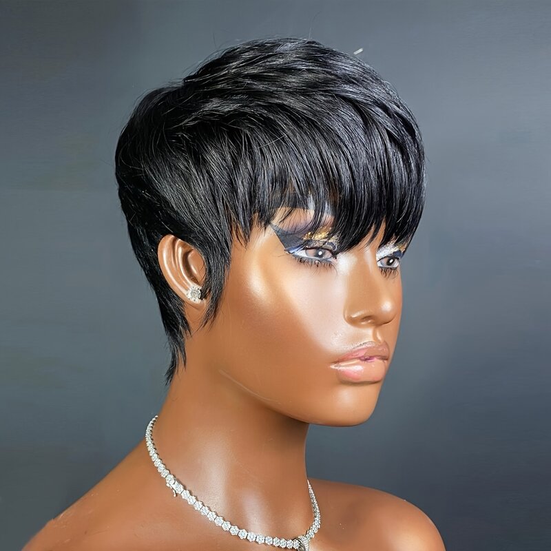 Short Human Hair For Women Pixie Cut Wig For Women Real Human Hair Glueless Wig With Brown Layered Haircut Wig Wear & Go Wig