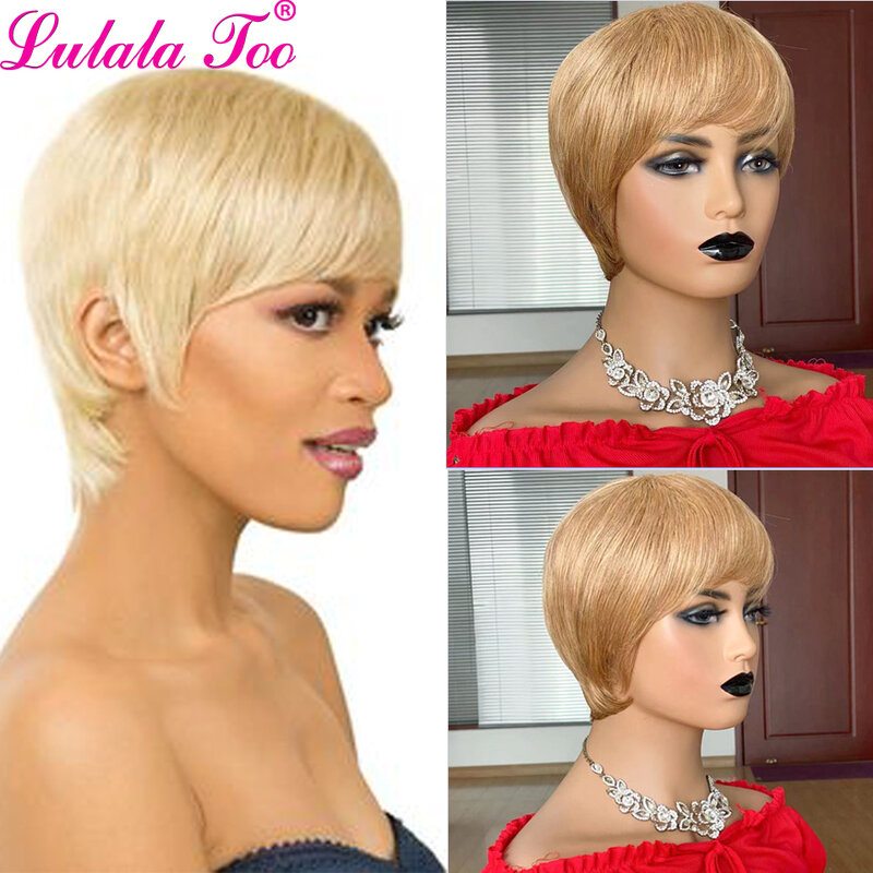 Color 27#/30#/99J Short Pixie Cut Wig Straight Human Hair Wigs With Bangs Brazilian Remy Hair Full Mahine Made Wigs