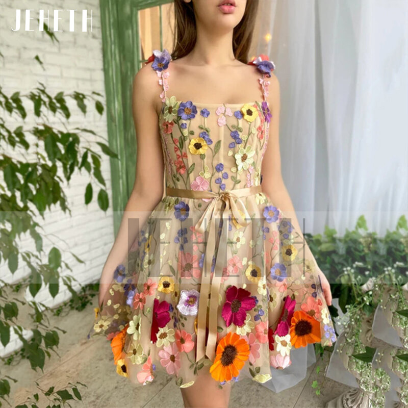 JEHETH Champagne 3D Flowers Tulle Prom Dress Pastoral Homecoming Square Collar A Line Evening Party Gown Mini Robes Se Soirée