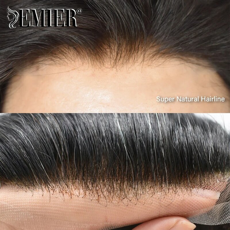 Wig alami renda penuh pria, Wig alami untuk pria, sistem pengganti rambut manusia tembus udara 6"