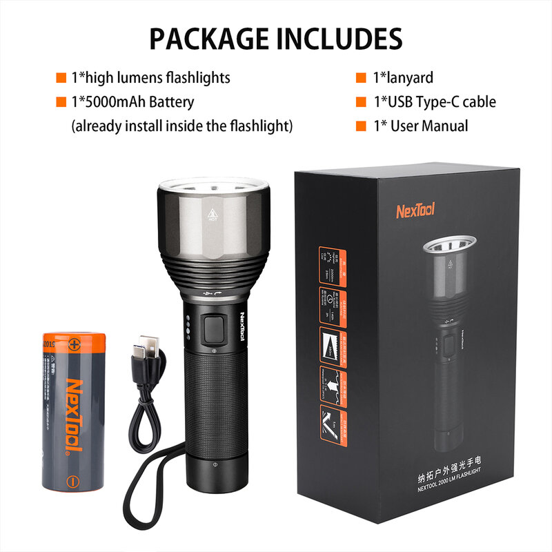 NexTool-lanterna LED recarregável, 5000mAh, 2000lm, 380m, 5 modos, IPX7 impermeável, tipo C, camping, tocha de busca ao ar livre