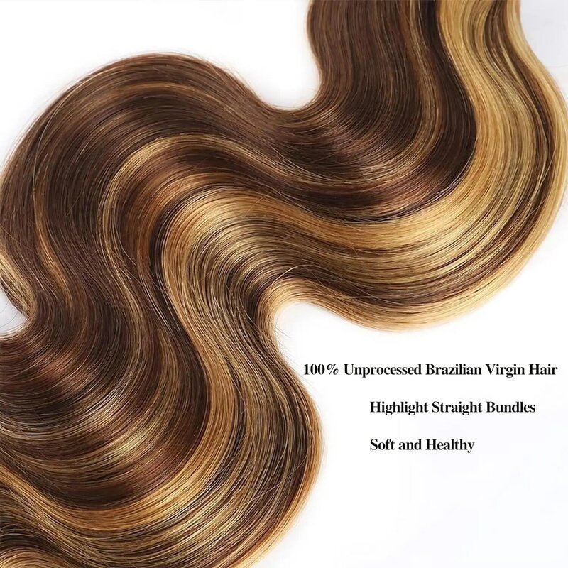 Faisceaux de cheveux humains en surbrillance, vague de corps, brun ombré, 18 ", 20", 22 ", P4, 27