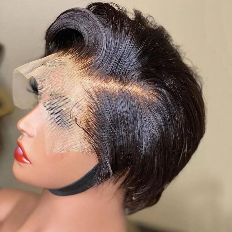 Prosta fryzura Pixie peruka przezroczysta peruki typu Lace z ludzkich włosów peruka z krótkim bobem T częściowo koronka peruka Prepluck brazylia ludzkie włosy dla kobiet