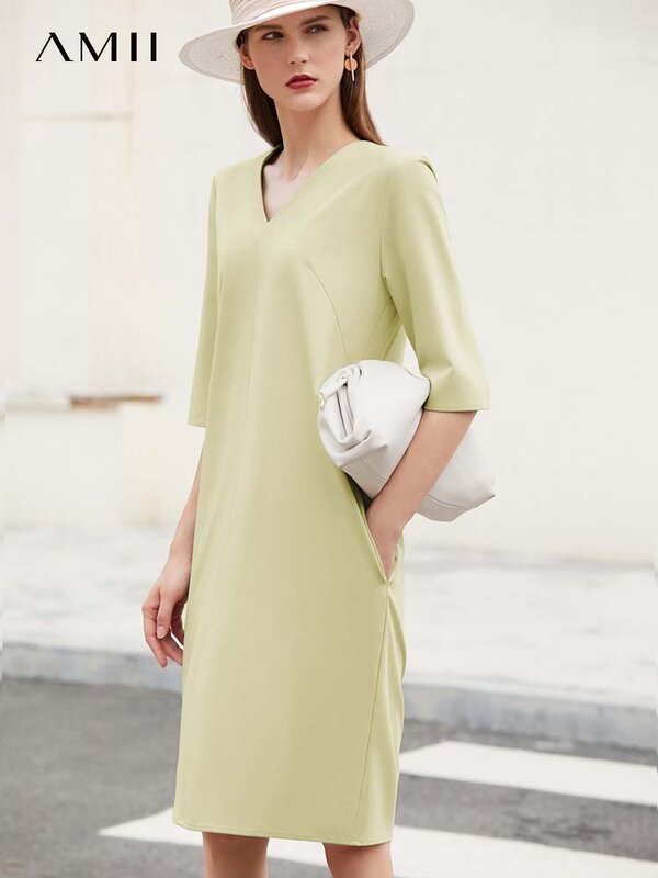 Amii – robe minimaliste décontractée pour femme, tenue de bureau, col en v, ample, longueur aux genoux, en mousseline, nouvelle collection été 12160025