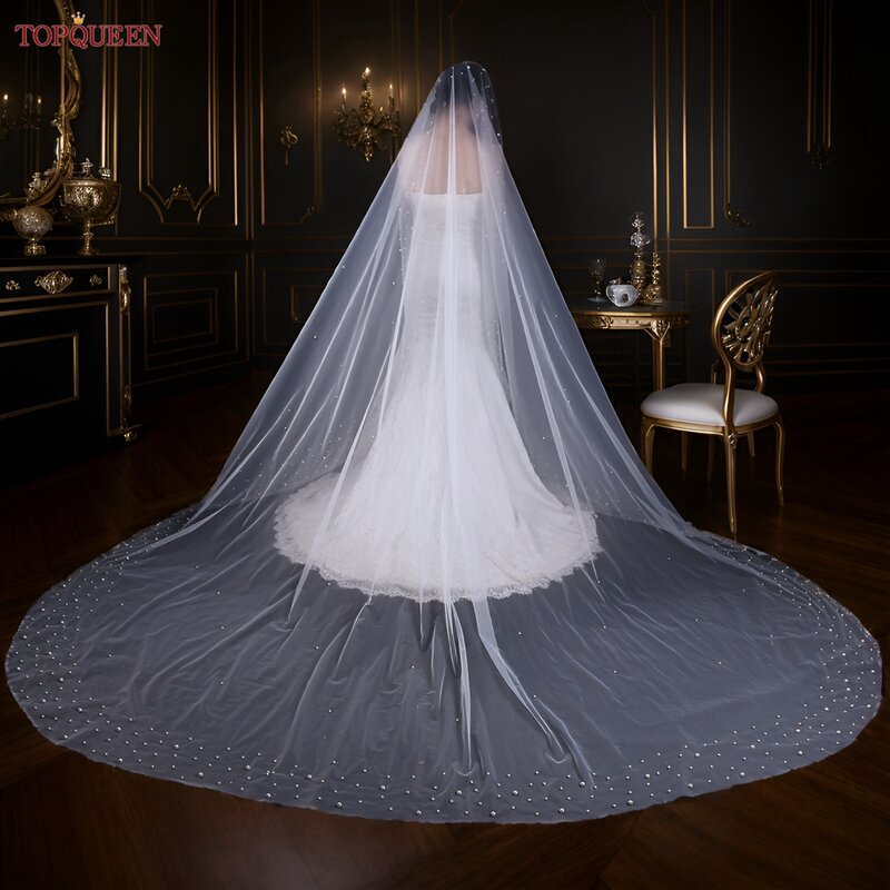 Topqueen V145 Luxe Lange Sluier Kathedraal Drop Bruiloft Sluier Met Parels 5 Meter Wedding Veils Bridal Covers Cape Sluier Off wit