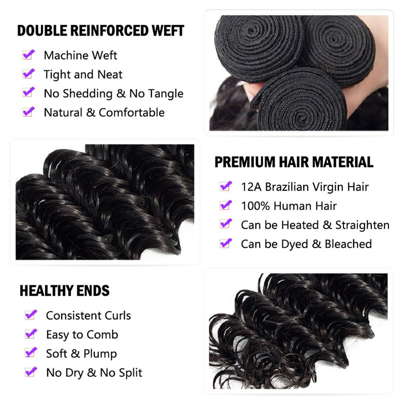 Pacotes de cabelo humano de onda profunda com extensões para mulheres, tecelagem brasileira, 13x4 HD Lace Frontal, 3 Pacotes