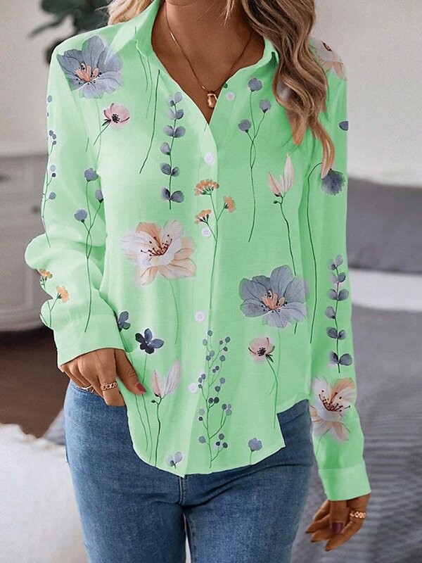 Dames Overhemd Blouse Bloemen Wit Geel Roze Print Met Lange Mouwen Casual Vakantie Mode Shirt Kraag Fit Lente En Herfst