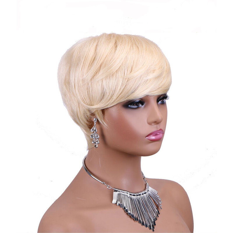 Wig rambut manusia potongan Pixie pendek 613 # wig Bob lurus dengan poni mesin penuh rambut manusia untuk wanita wig rambut Remy Brasil