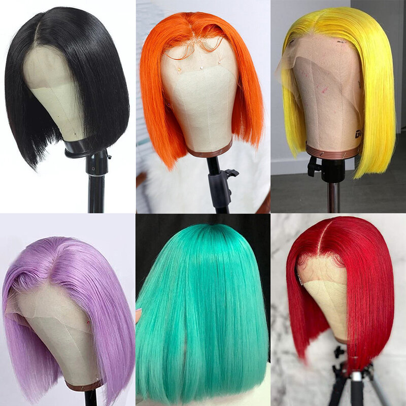 باروكات شعر طبيعي قصيرة ملونة للنساء 13x4 باروكات أمامية شفافة بشريط أمامي منزوعة مسبقًا باروكات كثافة 150 شعر طبيعي 100%