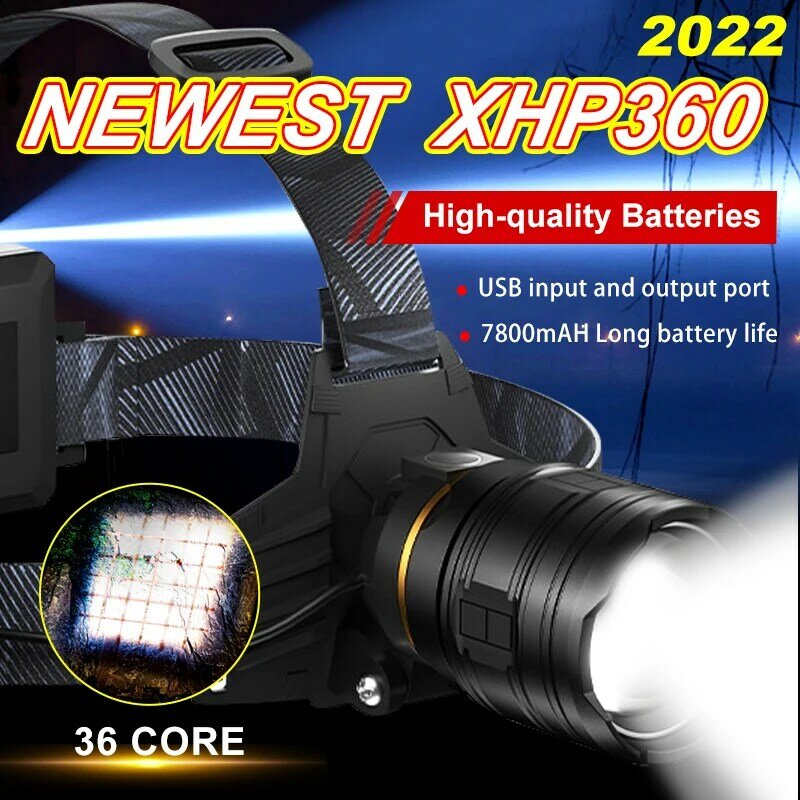 Neue XHP360 36-Core Leistungsstarke Scheinwerfer XHP220 LED USB Taschenlampe 7800mAH Scheinwerfer Laterne Wiederaufladbare Zoom Taschenlampe Licht 8000000LM