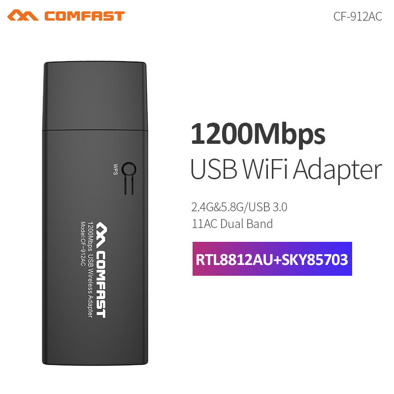 Comfast-WiFi Dongle Adaptador Sem Fio, Antena Placa de Rede, Kali Linux Monitor WPS Monitor, 1200Mbps, USB 3.0, RTL8812AU, 2.4G, 5G, 802.11ac