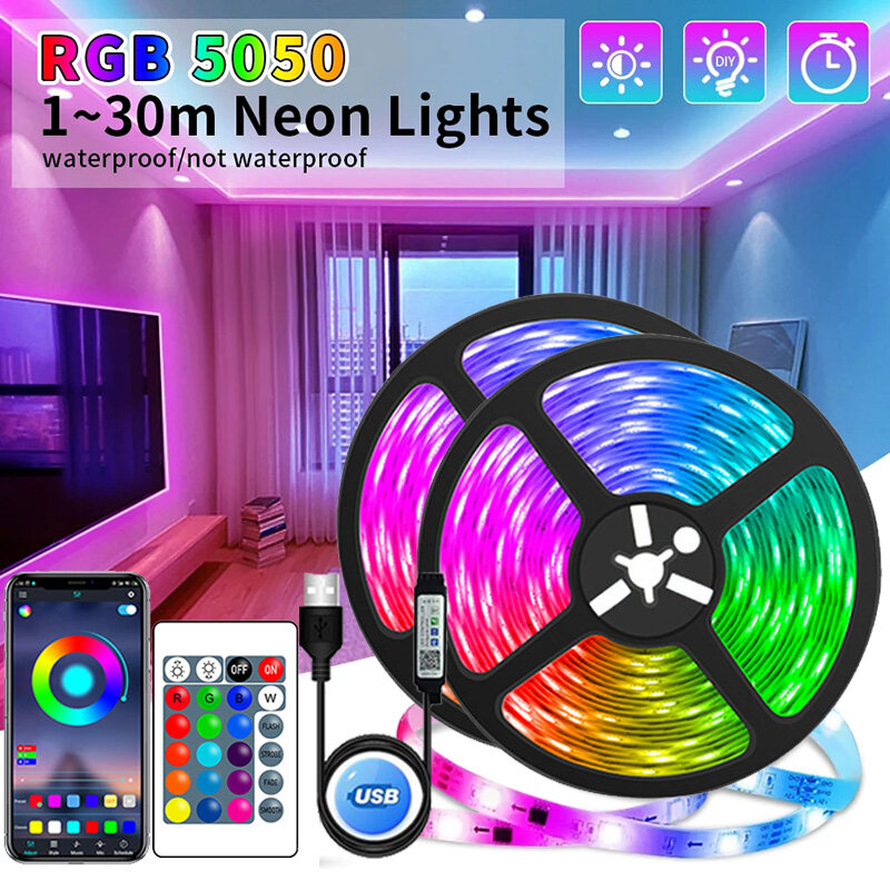 Светодиодная лента с изменением цвета, USB, управление через приложение, 5050 RGB, гибкая светодиодная лампа для украшения комнаты, подсветка телевизора