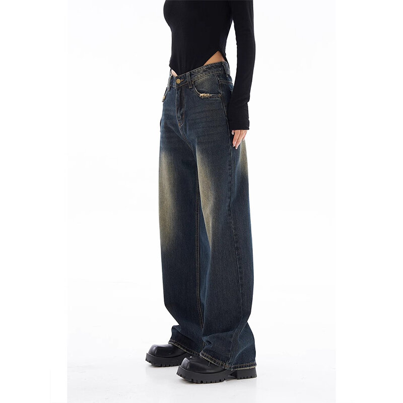 Calças jeans de cintura alta de perna larga feminina, Harajuku, estilo vintage, streetwear, todo o jogo, solta, moda