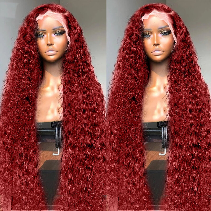 Pelucas de cabello humano brasileño Remy para mujer, Frontal transparente de encaje postizo, color rojo borgoña 99J, 13x4
