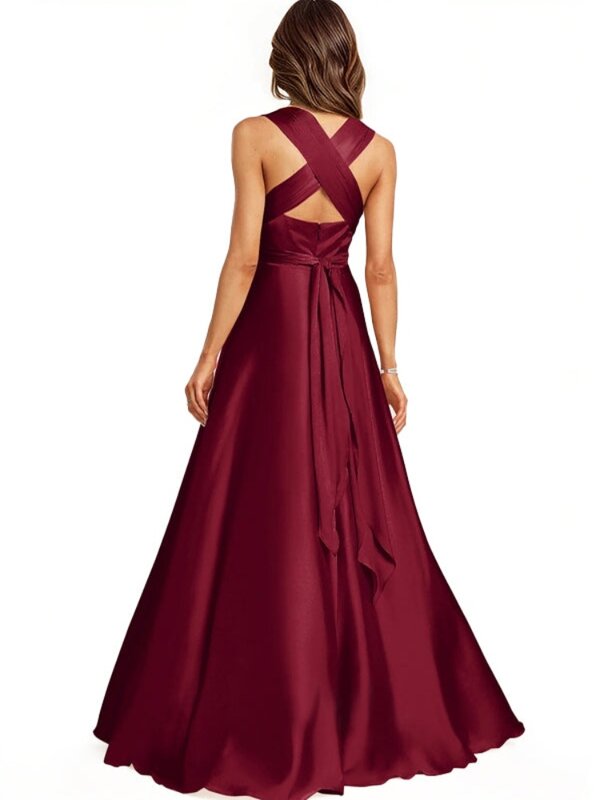 Satin A-line Halter Sleeveless Party Dresses Simple Backless Floor-Length Bridesmaid Dress For Wedding Party High Slit Gowns