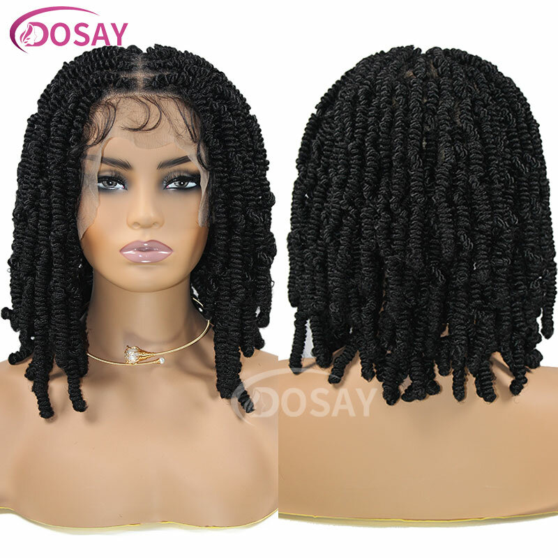Peluca Afro de encaje completo para mujeres negras, pelo trenzado de ganchillo, rizos en espiral, Bob corto, caja de 12 ", 360
