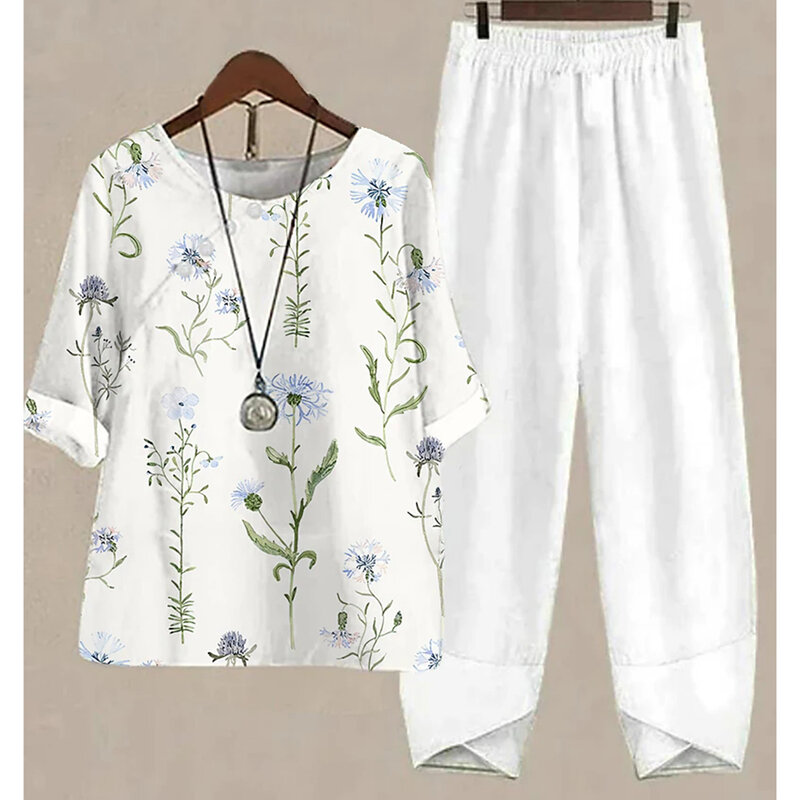 New Summer Two Piece Sets White Floral Print Womens Outfits Elegant Ladies O Neck Loose Short Sleeve Shirt High Waist Pants Suit