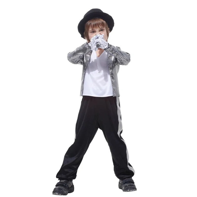 Kids Boys Michael Jackson Costume Outfits 80's Fashion Pop Star Cosplay with Hat Michael Jackson Billie Jean Full Cosplay Suit
