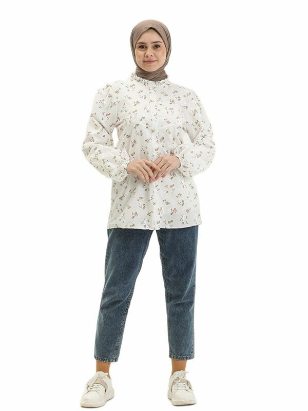 프릴 칼라 긴팔 버튼 꽃 무늬 셔츠, 사계절 무슬림 여성 패션, 터키 아랍 이슬람 스타일리시