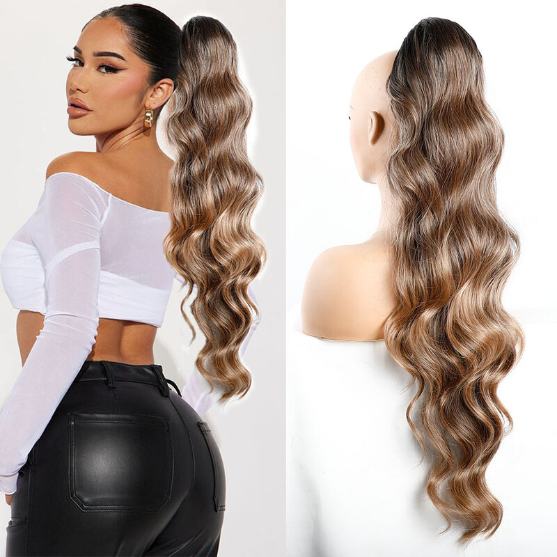 Ponytail Extension Body Wave Drawstring Ponytail Extension 28'' Long Wavy Synthetic Ponytail Hair Extension Clip in Hairpieces