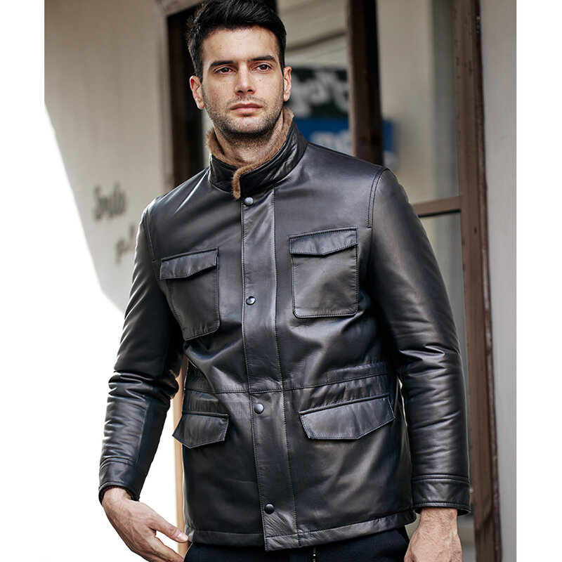 Denny & dora jaquetas de pele de couro dos homens dinamarca importado vison forro jaqueta de couro preto