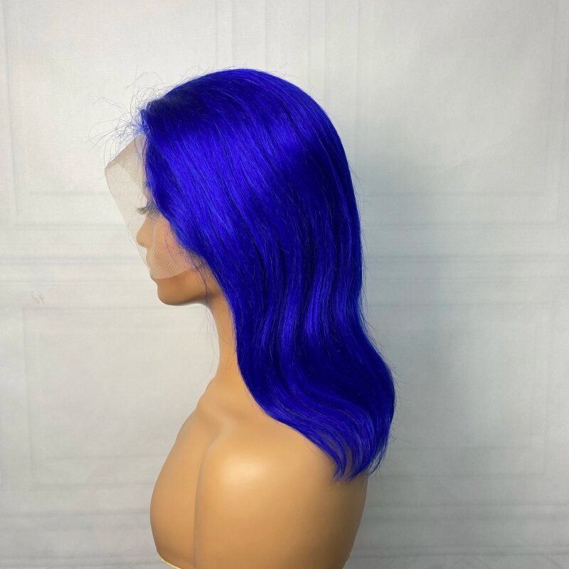 ブラジルの天然かつら,短い髪,透明なレースキャップ付き,レミーの髪,13x4,青,密度180%