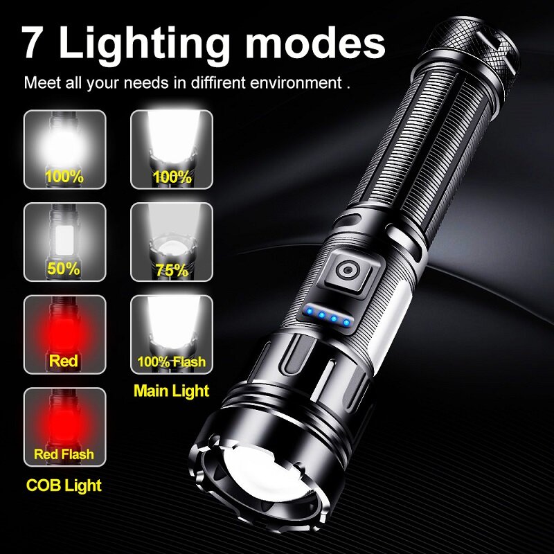 Linterna LED táctica de tiro largo, iluminación exterior, recargable por USB, impermeable, con zoom, COB