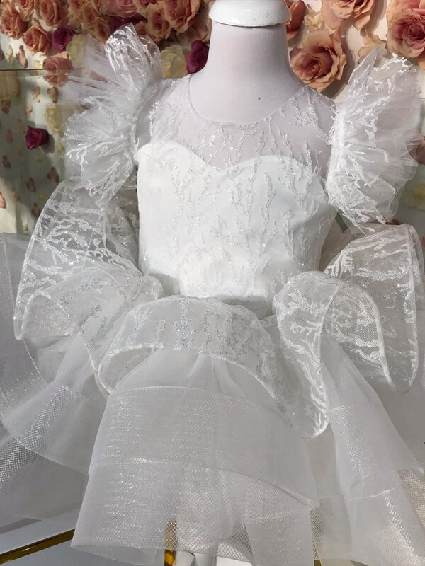 White Girl Dresses Princess Dress Lace Flower Girl Dress First Communion Dress Short Sleeves Girl Wedding Party Dress