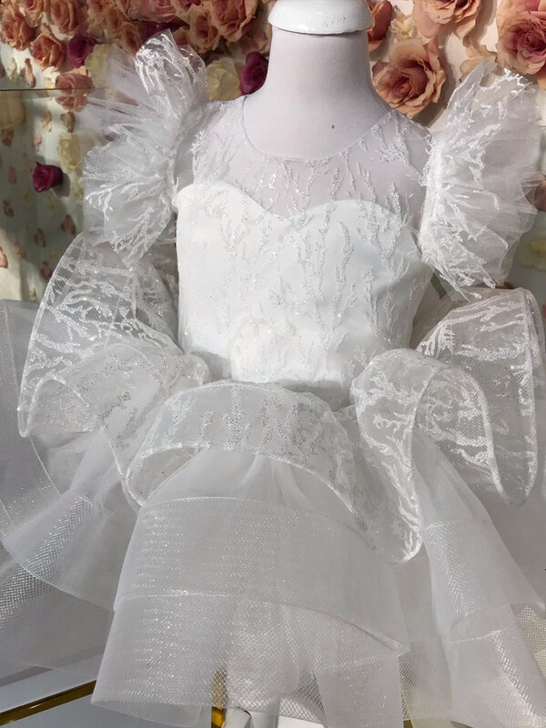 Vestidos blancos para niña, vestido de princesa de encaje para niña de flores, vestido de primera comunión, Vestido de manga corta para niña, vestido de fiesta de boda