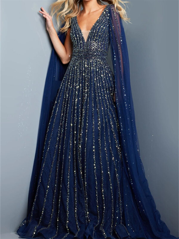 A-Line Sparkly Sequined Evening Dresses V-Neck Tulle Split Long Sleeve Beading Gowns Sweep Train Formal Party Robes De Soirée