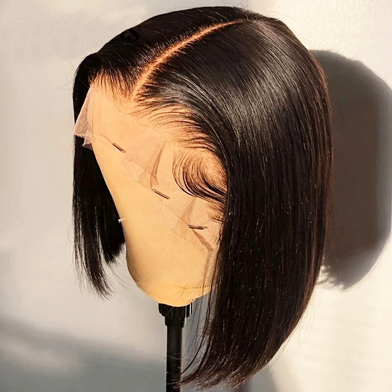 Peluca de cabello humano liso con encaje frontal transparente para mujer, pelo corto Bob, sin pegamento, listo para usar, brasileño, 13x4