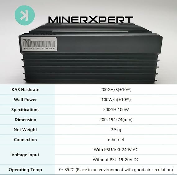 IceRiver KS0 Pro, устройство для майнинга Kaspa, устройство для майнинга KAS 200 г/с, 100 Вт, устройство для майнинга Asic для майнинга криптовалюты с официальным блоком питания