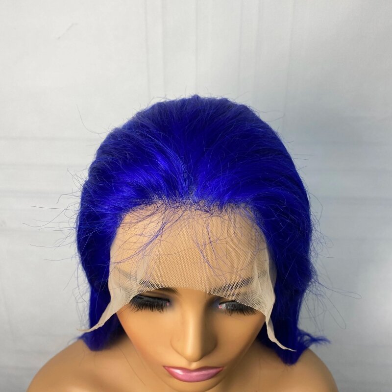Peruca de laço curto frontal transparente para mulheres, cabelo humano brasileiro, cabelo remy pré-arrancado, densidade de 180%, 13x4, azul