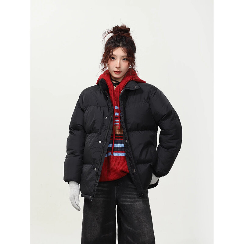 Zimowy zamek błyskawiczny stójka bawełniana wyściełana kurtka pikowana koreańska moda styl Preppy gruby ciepły płaszcz kobiety nowość