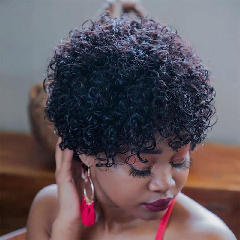 Curto Afro Curly Bob peruca de cabelo humano com Franja para mulheres, cabelo Remy brasileiro, ir Natural Brown Kinky perucas, Pixie