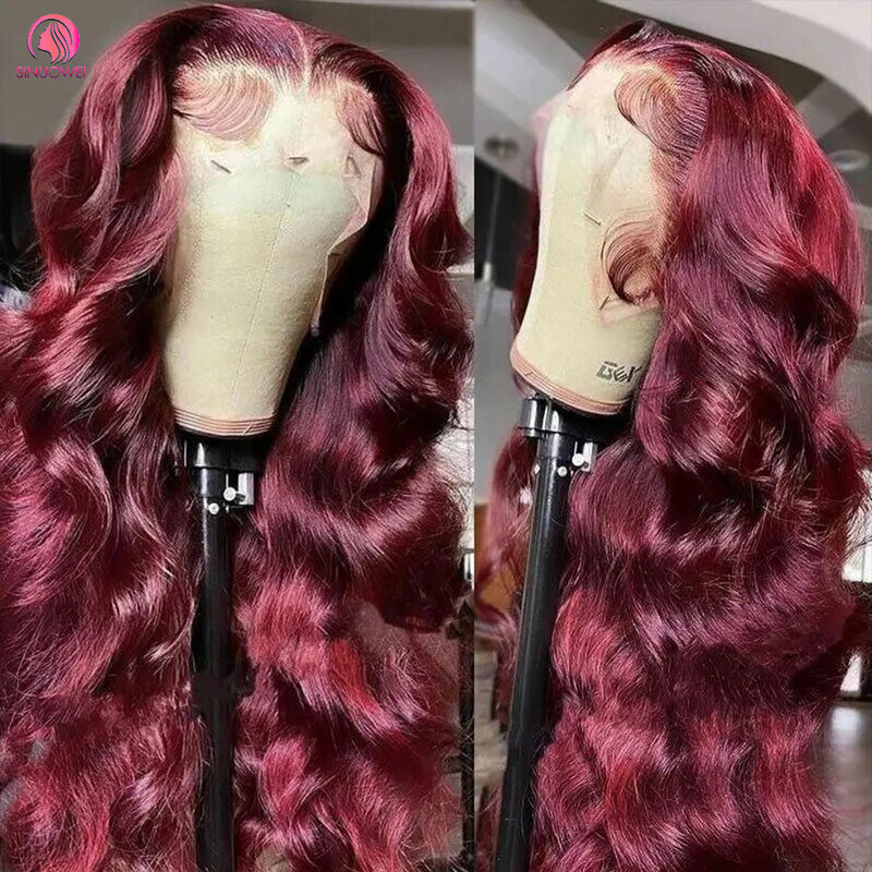 Perruque Lace Front Wig Body Wave Naturelle Rouge Bordeaux 99J, Cheveux de Bébé Pré-Plumés, 30 32 Pouces, 180%, pour Femme