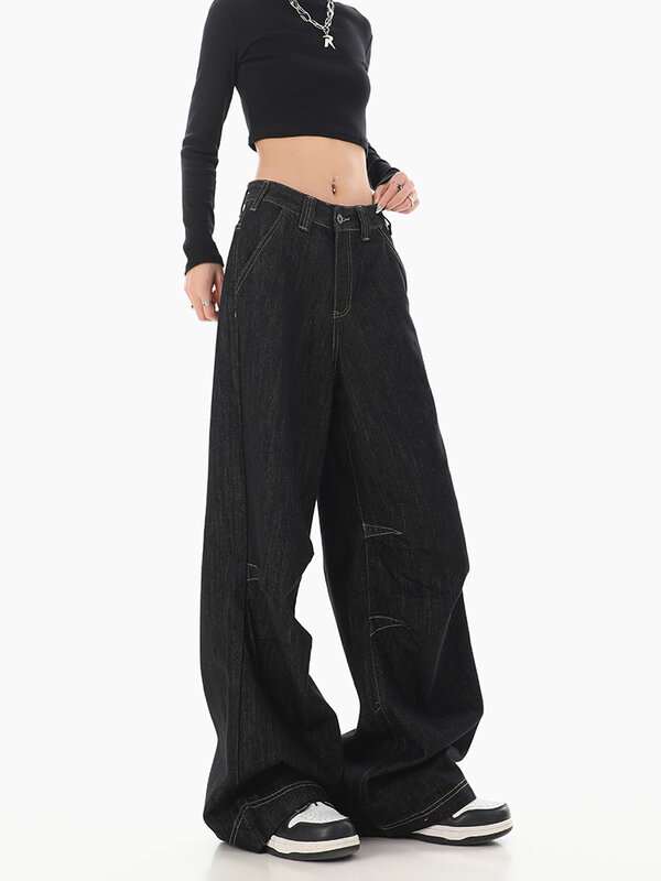 Jean taille haute pour femme, pantalon en denim baggy, jambe large, style américain, mode streetwear vintage, Y2K