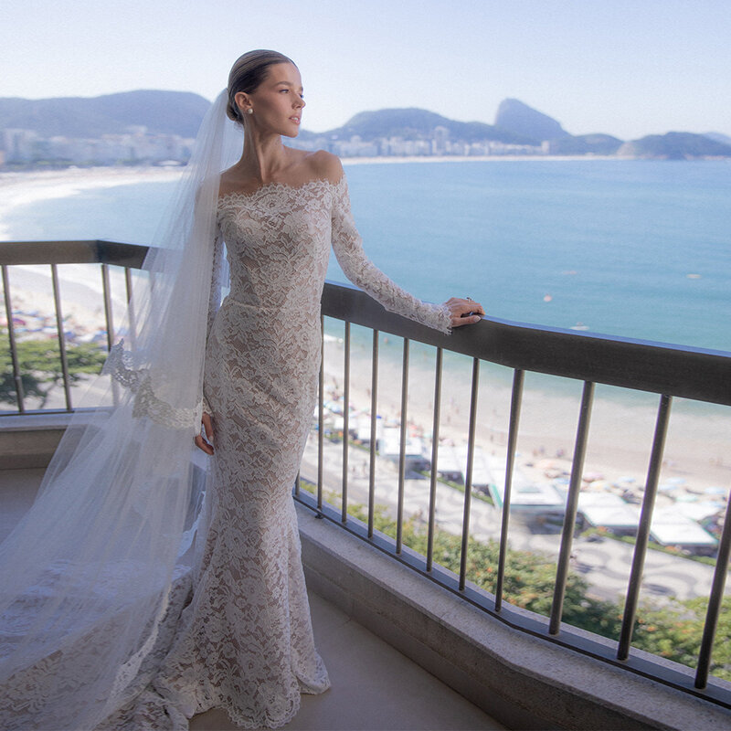 20061# Elegant Off Shoulder Lace Mermaid Wedding Dress For Women Chic Long Sleeves Bridal Gown With Long Train 2024