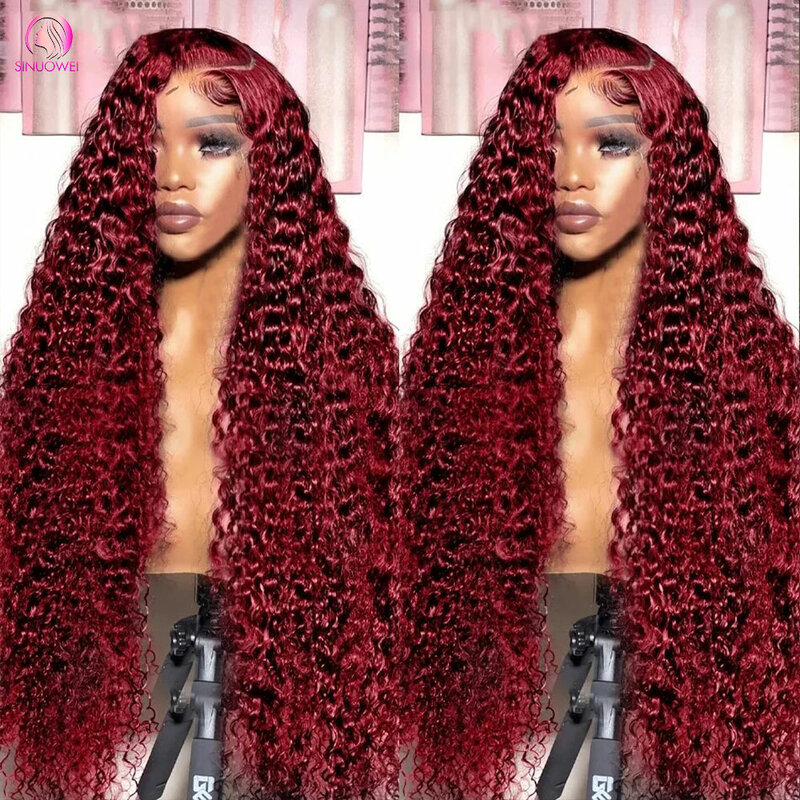 99j-Peluca de cabello humano con encaje Frontal, postizo de onda profunda, color rojo borgoña, 13x4, 180% de densidad