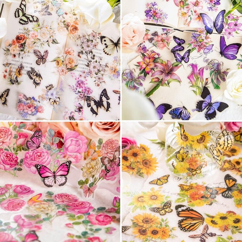 300 PCS Transparent Butterfly and Flower Stickers, Resin Decals for Card Bullet Journal Scrapbook Junk Planner Craft Supplies
