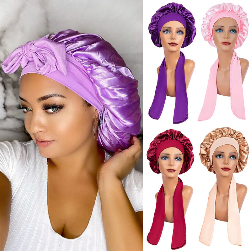 Women Satin Solid Sleeping Cap Soft Silk Nightcap Bonnet With Headband For Women Children Silk Scarf Sleep Hat Alileader