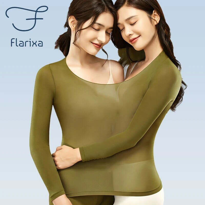 Flarixa 여성용 심리스 보온 속옷, 고탄성 보텀 셔츠, 37 ° 항온 보온 상의, 얇은 보온 란제리