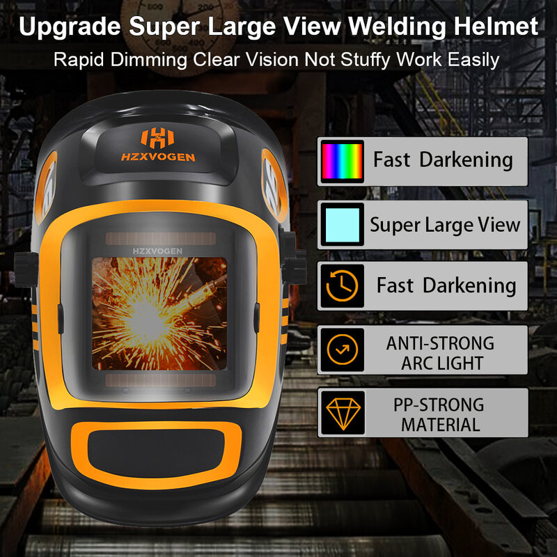 HZXVOGEN-casco de soldadura con energía Solar, pantalla de visión grande, Color verdadero, oscurecimiento automático, 4 sensores de arco para TIG MIG, soldadura de corte de arco