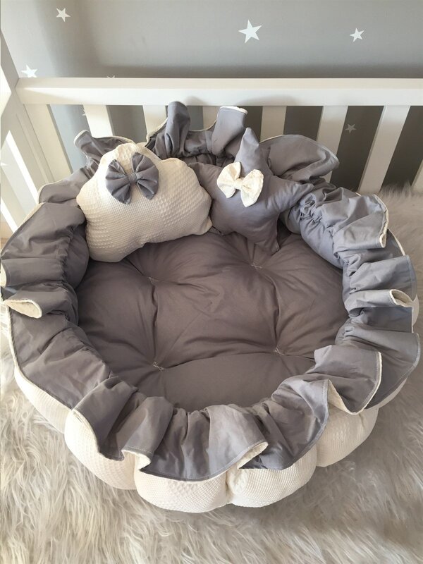 Handmade Cream Pique Fabric Combination Frilly Design Retractable - Collapsible Play Mat Baby Nest