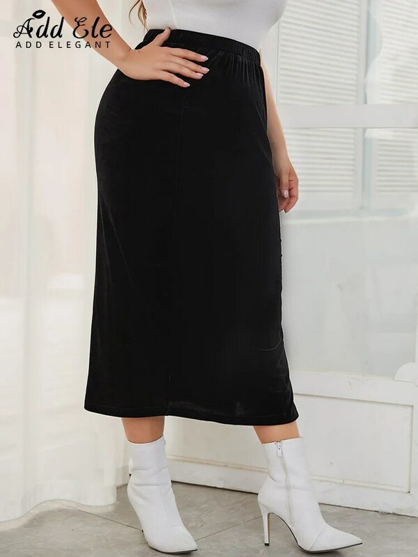Add Elegant Plus Size Women's Pencil Velvet Skirts 2022 Autumn High Waist Wrap Hip Slit Slim Fit Casual Female Midi Skirt B799