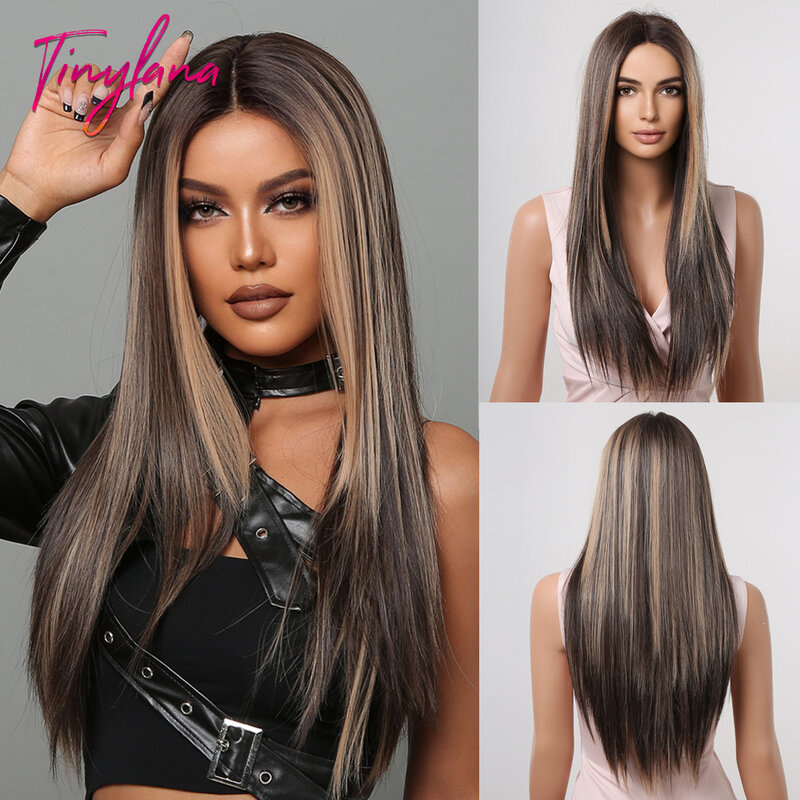 Dark Brown Mixed Golden Lace Front Synthetic Wigs Long Straight Highlight Wig for Black Women Cosplay Transparent Lace Wig