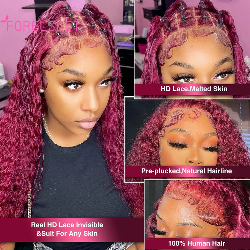 99J Deep Wave Human Hair Wigs 13X4 Burgundy Curly Transparent Lace Front Wig 4x4 Red Color Deep Wave Lace Frontal Wig For Women
