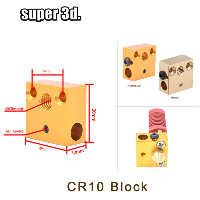 1 pz 3D Heat Block E3D V5 V6 MK7 MK8 MK2 MK10 vulcano PT100 CR10 2 IN 1 OUT alluminio/ottone per Hotend parti della stampante 3D