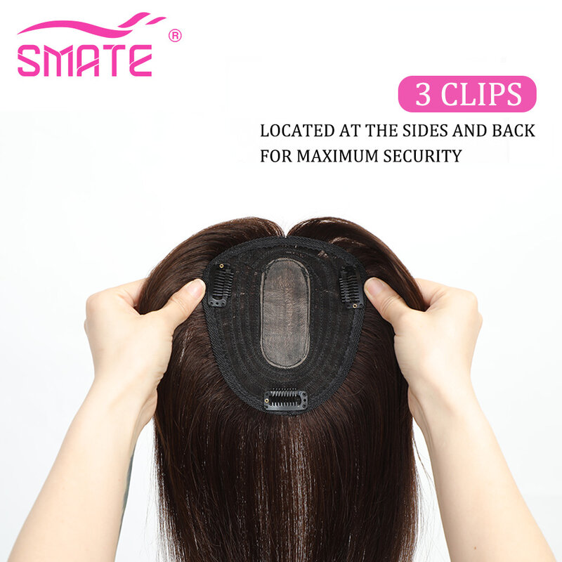 SMATE-Topper de cabelo humano remy de clipe para mulheres, 100% cabelo humano real, cabelo fino, cor natural, 1 pc